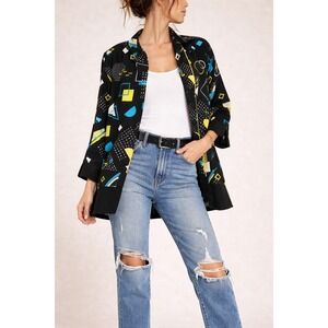 Ali Miles Jacket L Lightweight Black 90s Print Geometric Button Front Artsy